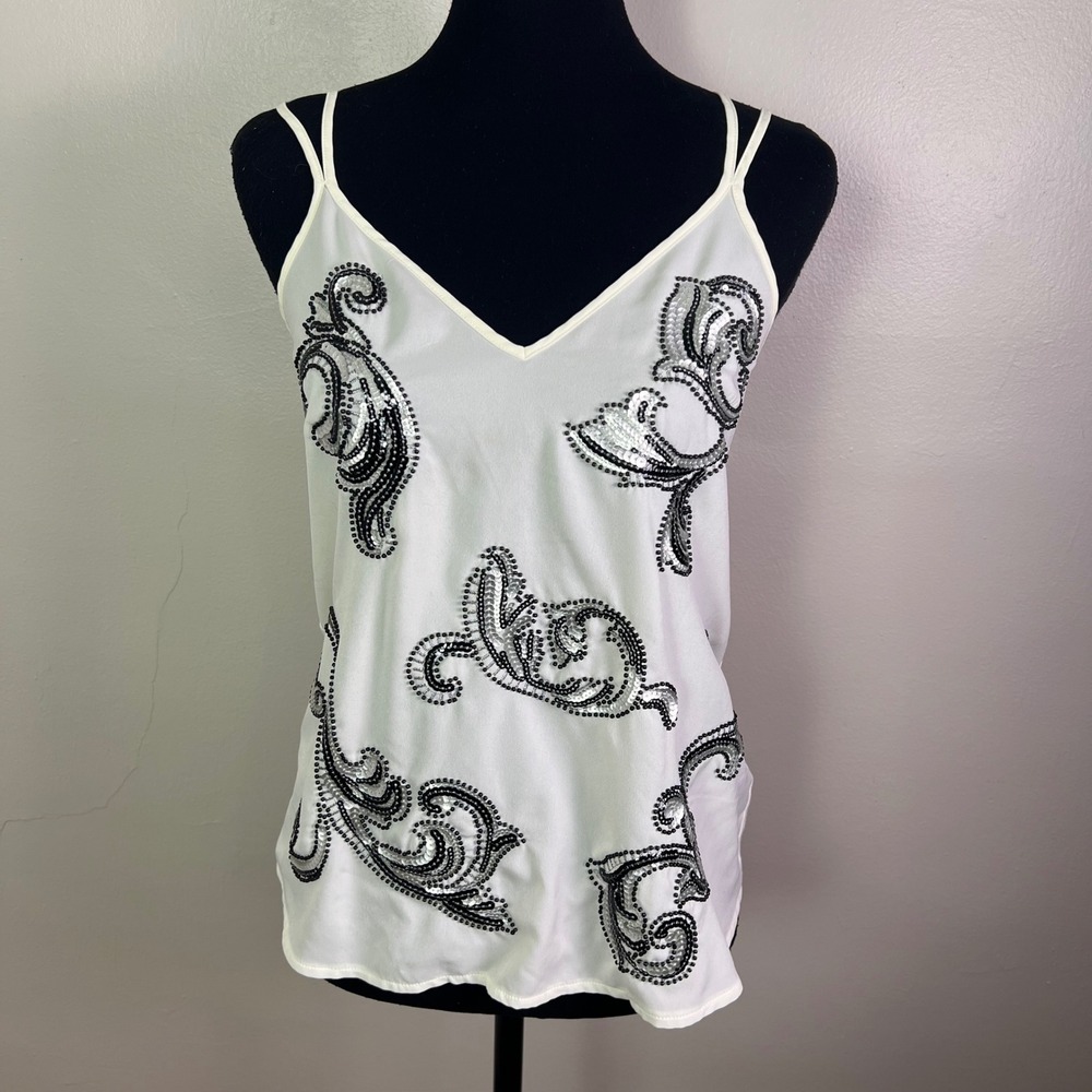 Express Camisole Top S White Sequin Embellished Strappy Back Y2K Glam Festival